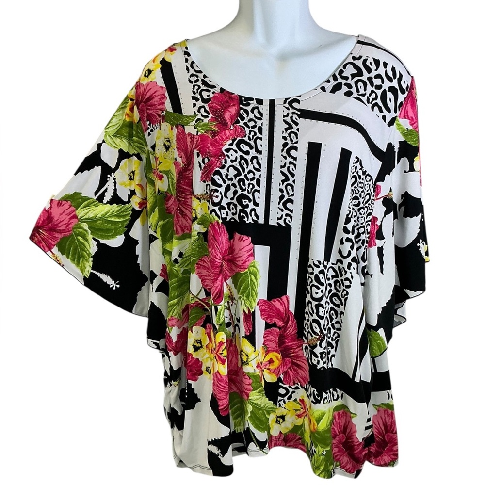JM Collection Black & White Shirt with Pink Floral Print